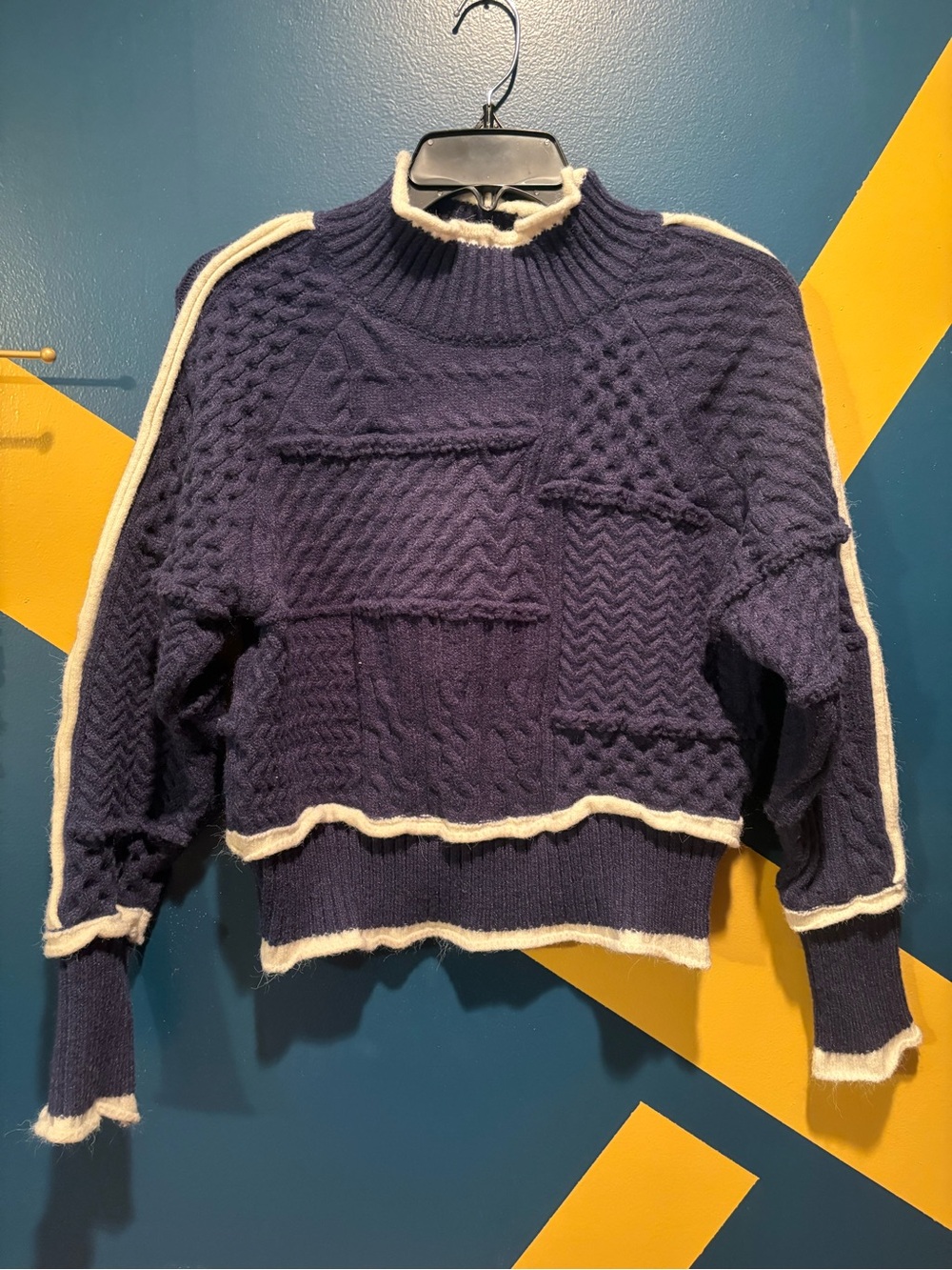 In the Beginning Navy & White Heavyweight Mockneck Sweater EUC